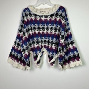 Umgee Women’s Striped Crochet Bell Sleeve Sweater Shark Bite Hem Oversized